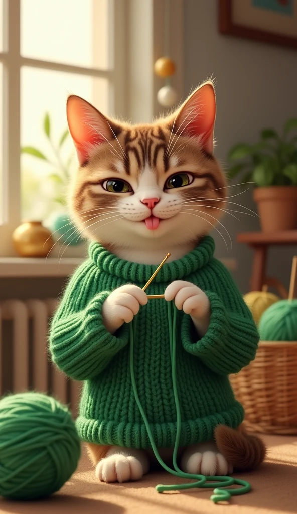 Cat is knitting a green colour sweater