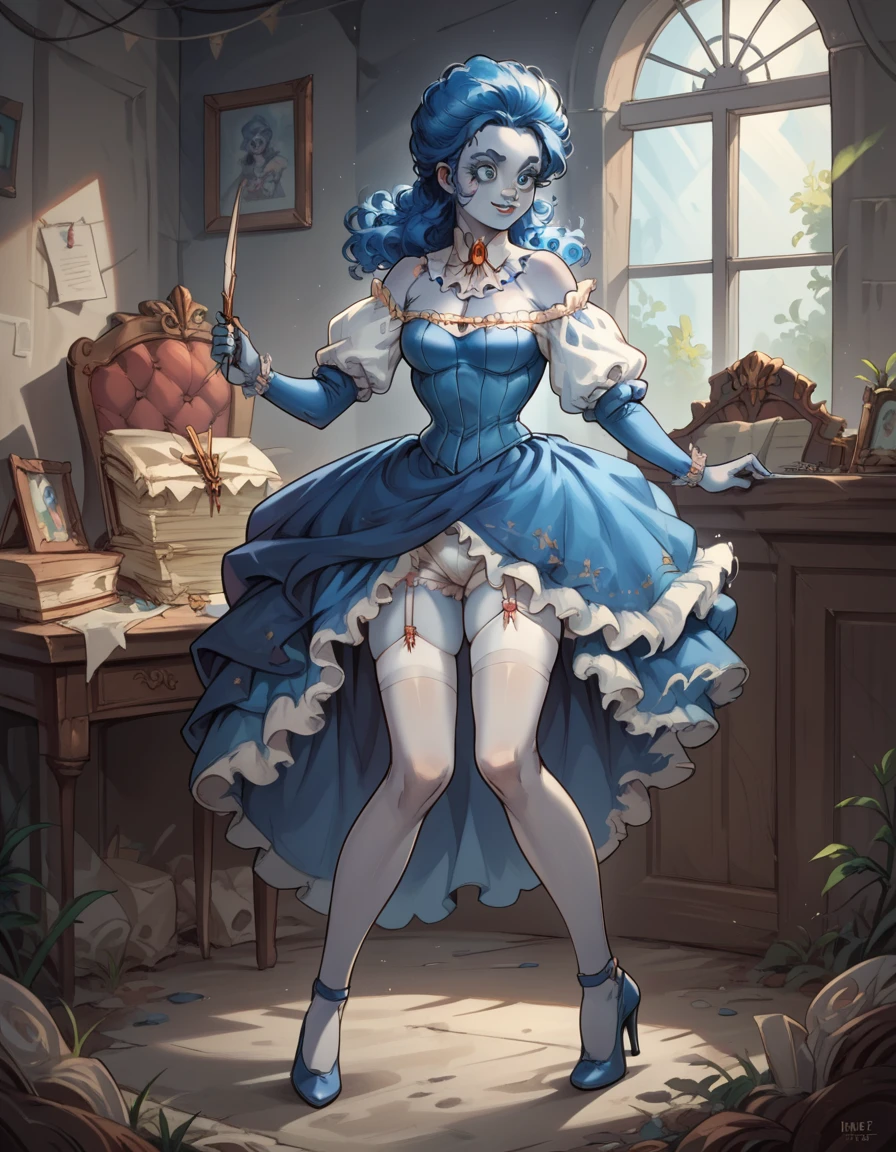 score_9, score_8_up, score_7_up, score_6_up, score_5_up, score_4_up, best quality, frankelda, 1girl, solo, blue hair, high heels, colored skin, hud_vtg_ling, blue corset, bloomers,  garter straps, puffy sleeves, blouse, off shoulder, white thighhighs, blue eyes, pale skin, eyeliner, lipstick, long eyelashes, medium breasts, light smile,