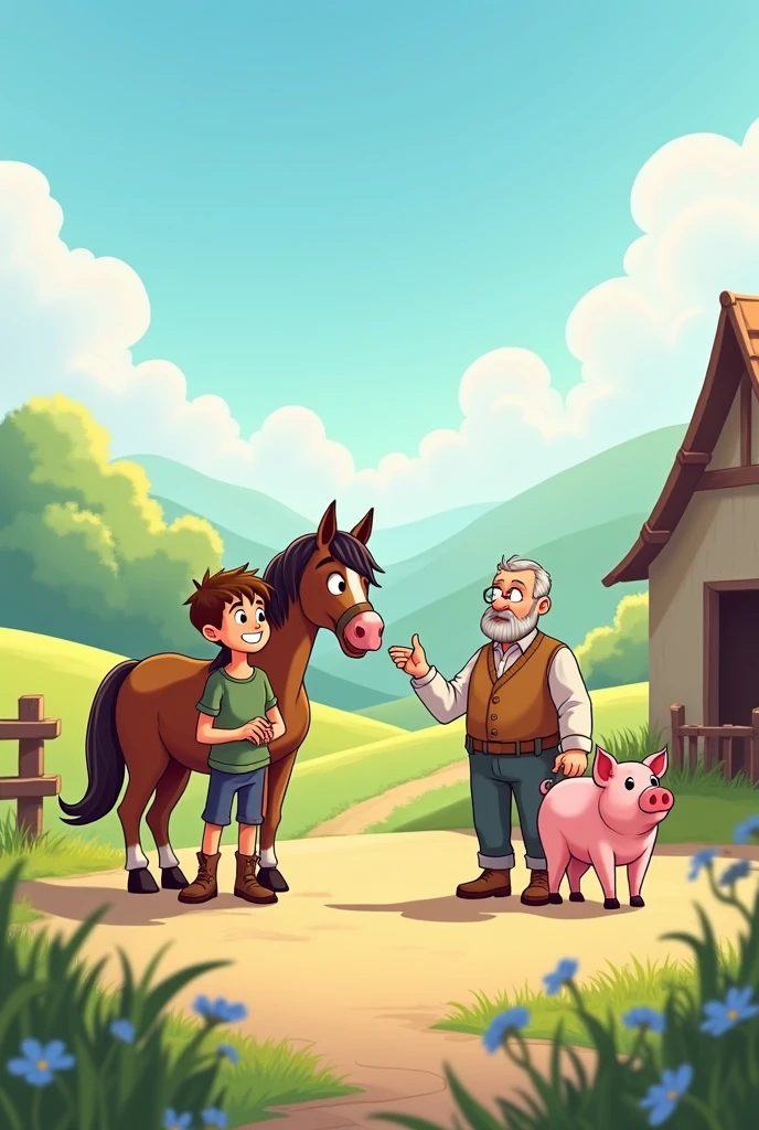 Hans meets a swineherd and trades his horse for a pig.
Chibi comic for kids in anime style horse on background