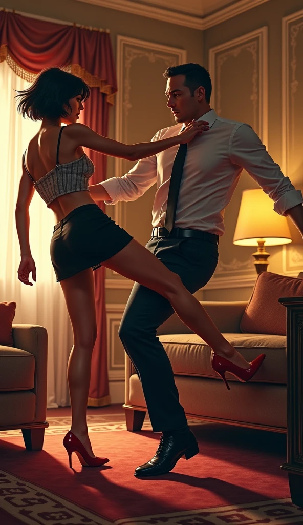 (People, Japanese, short black hair, luxury city hotel room, mini skirt, dress, wearing red heels, woman kicking man's butt.