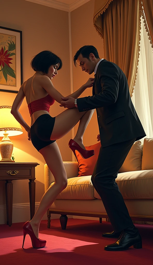 (People, Japanese, short black hair, luxury city hotel room, mini skirt, dress, wearing red heels, woman kicking man's butt.