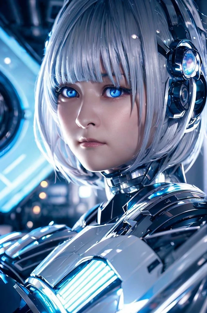 A girl with silver hair and silver eyes、Wide-angle shot, 1 female, Mecha, Glowing blue-black eyes, Very cute face, (Realistic:1.37), バイオMechaニカル, Spaceship interior bokeh background, Ultra-realistic, Very detailed, Very intricate details, Beautiful woman in focus、