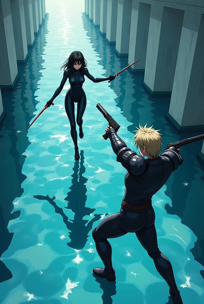 The image is anime style with shadows and dim lights, anime style although somewhat adult and dark, It shows a scene of a wide street with white walls., and whose soil, It's like crystal clear water, which perfectly reflects what happens on its surface. On that street a man with medium-length blond hair is fighting, wearing armor on his arms and holding a gun., fights against a single android with long black hair and a latex suit holding two swords in her hands. The image is focused from above, so you can barely see the fighters in question.
