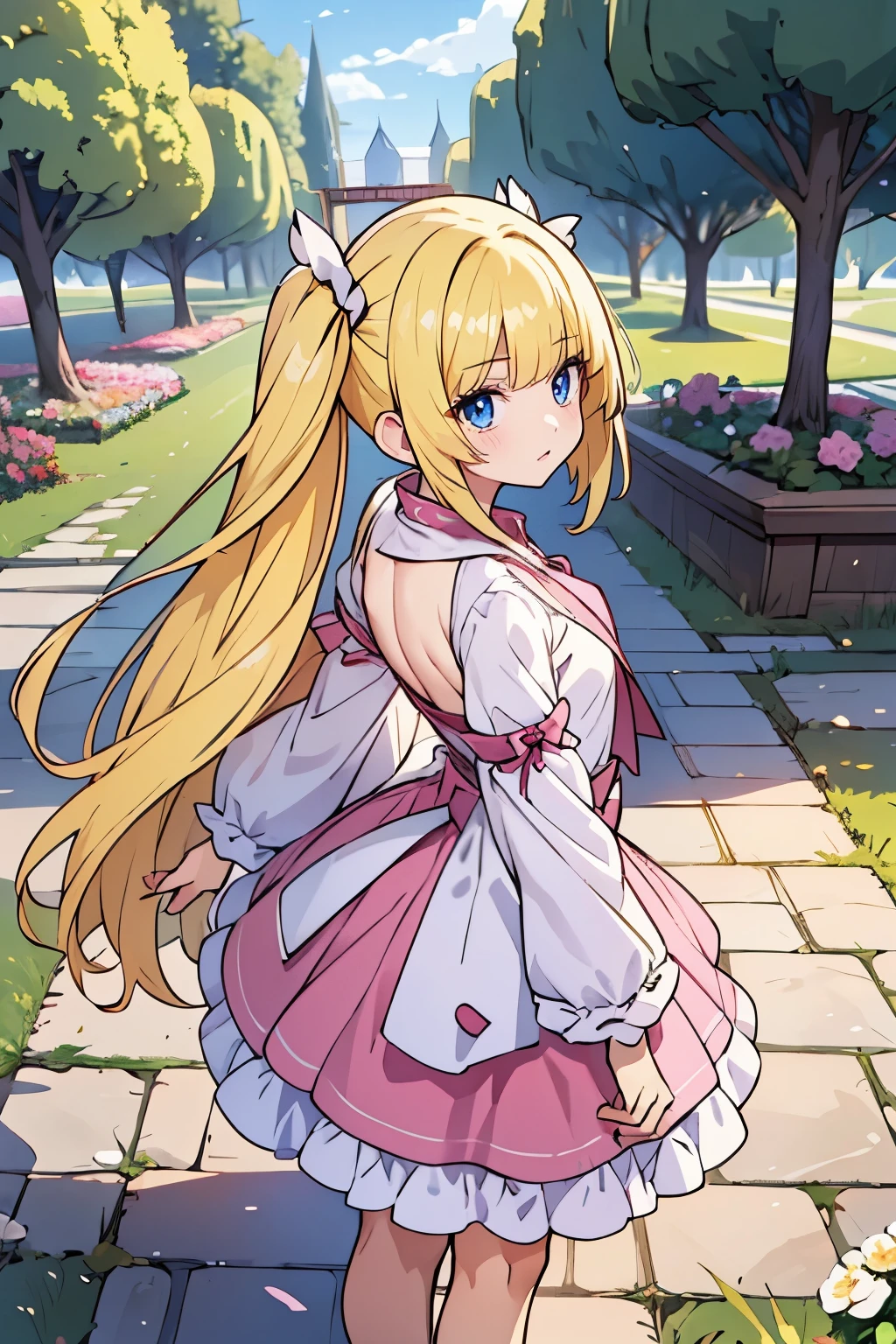 fairy_tail_style, Safe for work, solo girl, (young female body:1.4), (medium small breasts), pigails golden yellow hair, extra long hair, extra long disheveled yellow hair, hime cut, light blue eyes, round eyes, cowboy shot, dynamic posing, medieval town background, standing beside fountain, cobble pathway, trees and bushes,pink outfit, pink amd white griffin style dress, dark pink dress, stockings, multiple layered ruffled skirt, dynamic pose, leaning forward, pigtails, bird eye view, arched back