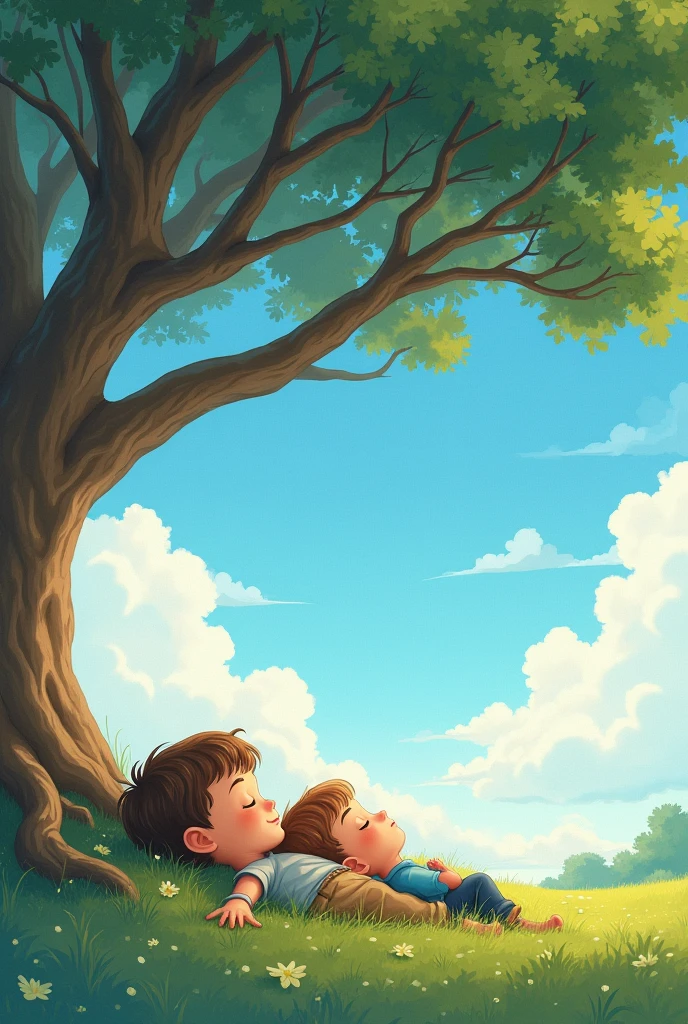 Show two children (both male) lying on the grass under a big oak tree, looking up at the sky. The sky should be bright with fluffy clouds, and both children are smiling, enjoying their time together. I want it to be a children's book art style. Keep their clothing simple. Use soft, calming colors that matches the sad atmosphere. The illustrations should balance between sadness and comfort.