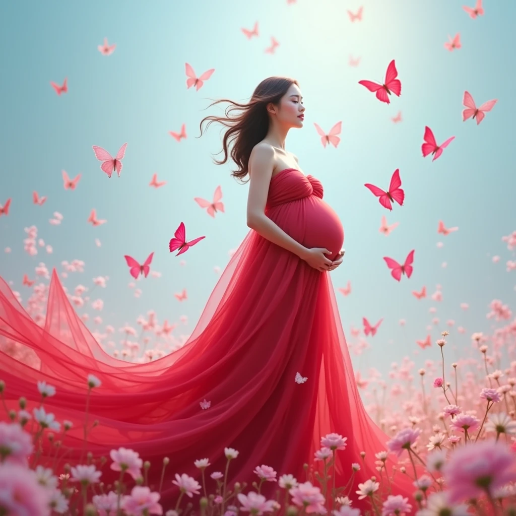 red gown , A pregnant woman stands amidst a flurry of pink and white butterflies, her flowing red dress cascading around her like a waterfall. She cradles her belly with both hands, embodying the serene beauty of anticipation. The backdrop is a soft blue gradient, adorned with scattered flowers in hues of pink and white, enhancing the ethereal atmosphere.