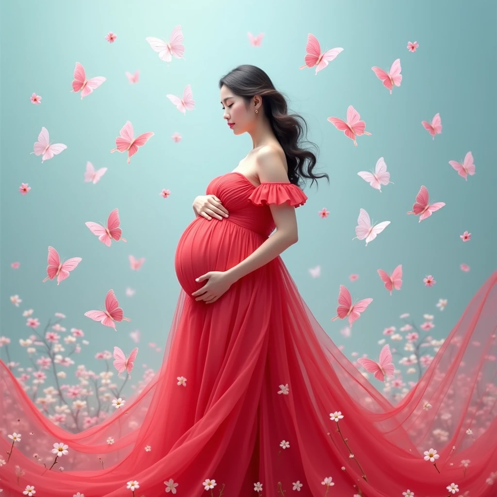 red gown , A pregnant woman stands amidst a flurry of pink and white butterflies, her flowing red dress cascading around her like a waterfall. She cradles her belly with both hands, embodying the serene beauty of anticipation. The backdrop is a soft blue gradient, adorned with scattered flowers in hues of pink and white, enhancing the ethereal atmosphere.