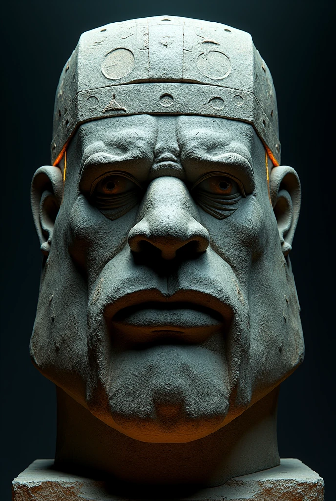 Develops a colossal Olmec head, like a warrior of the future, with characteristics of an Olmec Stone Head, with high technology, HD, ultra detailed, like a photograph, front view