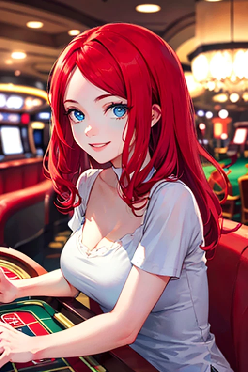 ((masterpiece)), (((best quality))), chromatic lighting,
colorized, red + white limited color palette, 
detailed concept drawing, at a casino,
portrait, 20yo 1girl, medium soft breasts, slender, long red hair, blue eyes, smiling, no weird objects or colors on the face