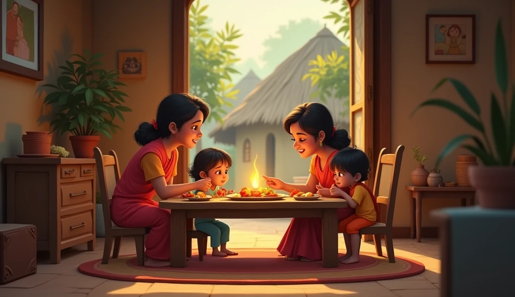 In cinematic 2d cartoon style log shot indian village The family gathered around a small dinner table, sharing a simple meal with contented expressions, embracing their modest lifestyle