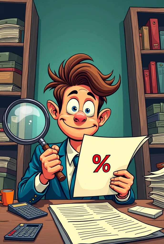 A graphic with a figure holding a magnifying glass examining a document with a percentage symbol on it, representing tax deductions. (that the drawing style is comic-like)