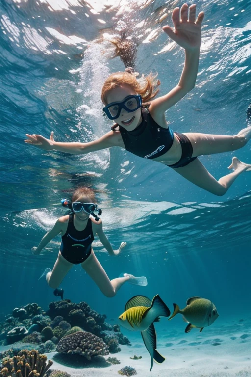 Happy skinny kids family scuba-diver sweden, with short ginger hair, dressed in light panties swimsuit, happy to pet fish, on a scorching summer day, in the lagoon on holidays.