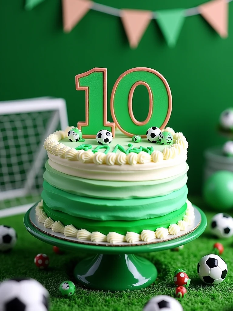 birthday cake in green and white colors with the word 110 written on it on a table decorated with a soccer theme