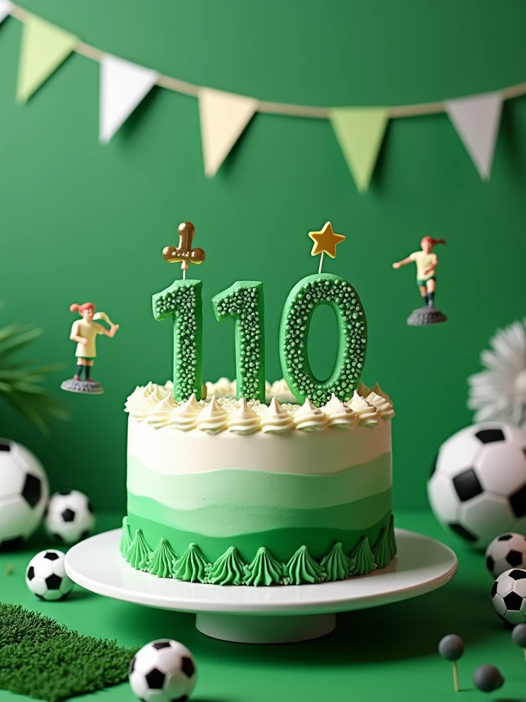 birthday cake in green and white colors with the word 110 written on it on a table decorated with a soccer  theme