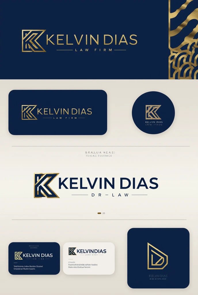 Creates a visual identity for a law firm called Kelvin Dias, with the colors blue and gold give me 3 options 