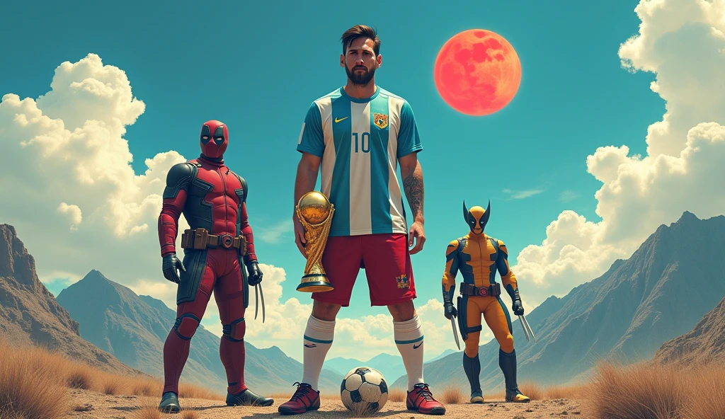 Generate an image showing Lionel Messi wearing the Argentina shirt next to the red Deadpool and the yellow Wolverine, The landscape must include an apocalypse or the end of the world and mountains in the background., under a blue sky with some fluffy clouds and a red moon . Messi must have the ball on his left foot and also have the World Cup in his right hand.. While Deadpool is doing funny poses as he knows how to do and Wolverine is next to Messi but not so close, about 50cm away and not so close