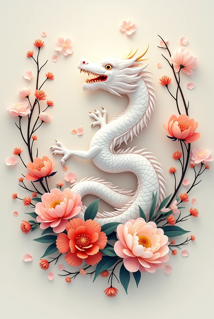 Chinese white dragon crest with flowers 
