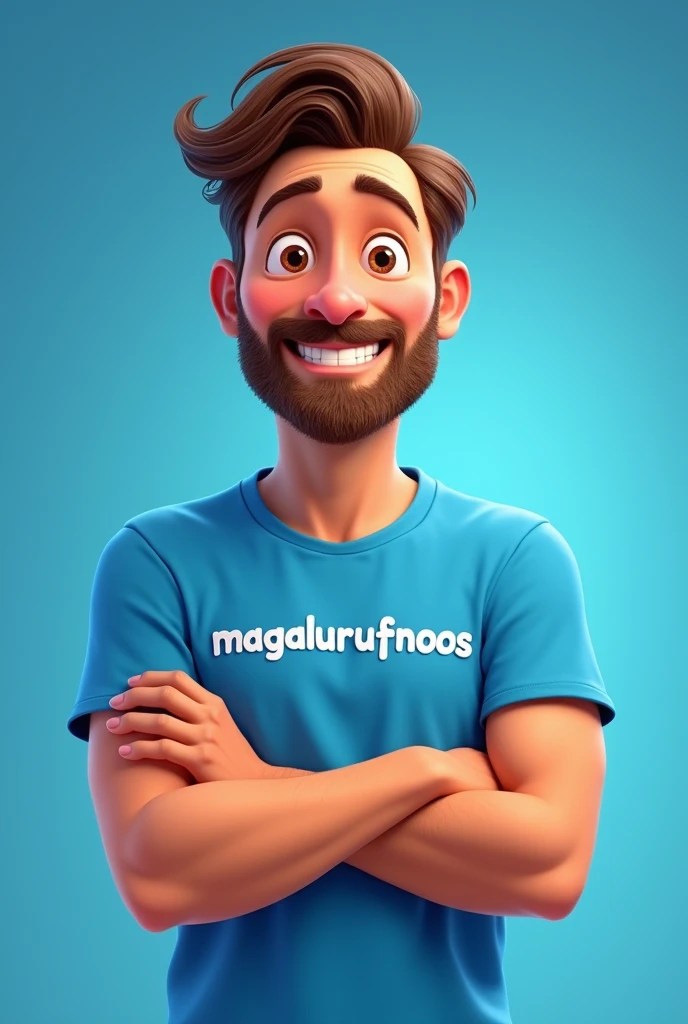 Pixar drawing of a handsome 2 man with brown eyes, beard, medium straight wavy hair, wearing a blue shirt with "Magalurufinoos" written on it, happy, with his arms crossed, facing the camera. with blue studio background