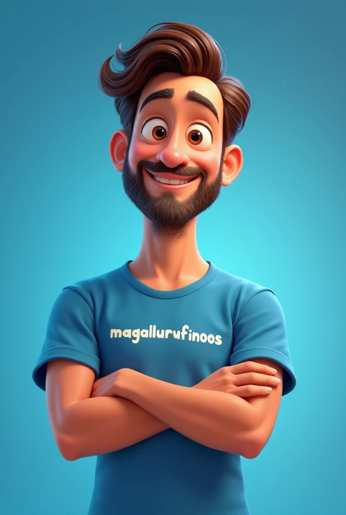 Pixar drawing of a handsome 2 man with brown eyes, beard, medium straight wavy hair, wearing a blue shirt with "Magalurufinoos" written on it, happy, with his arms crossed, facing the camera. with blue studio background