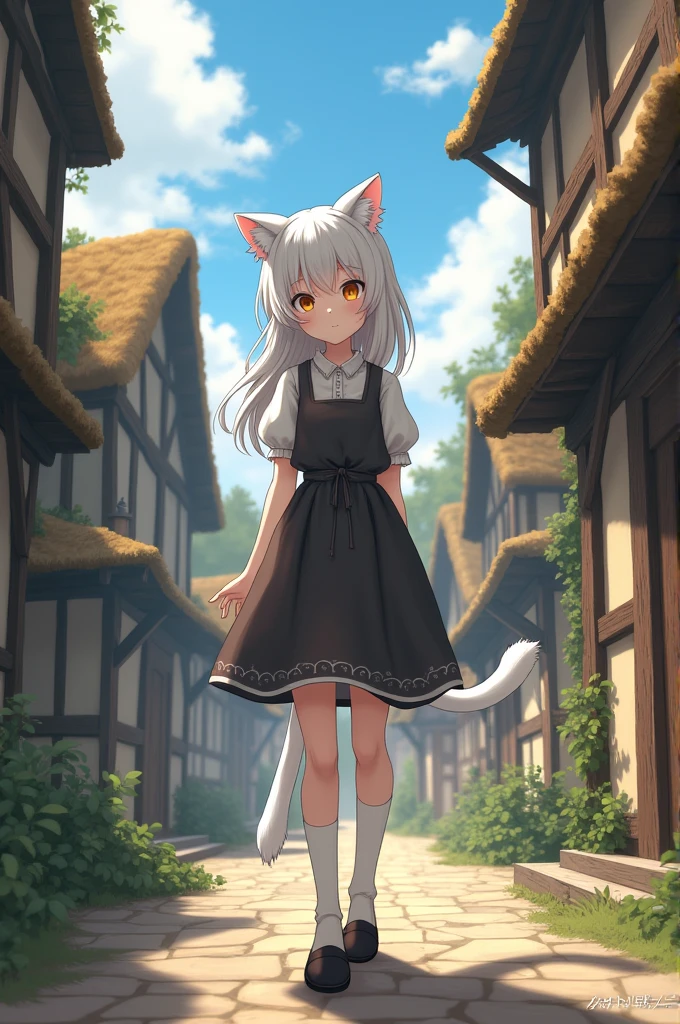 A medieval town with a cat girl in front, with white ears and a tail, a peasant dress with long knee-high socks, black slippers