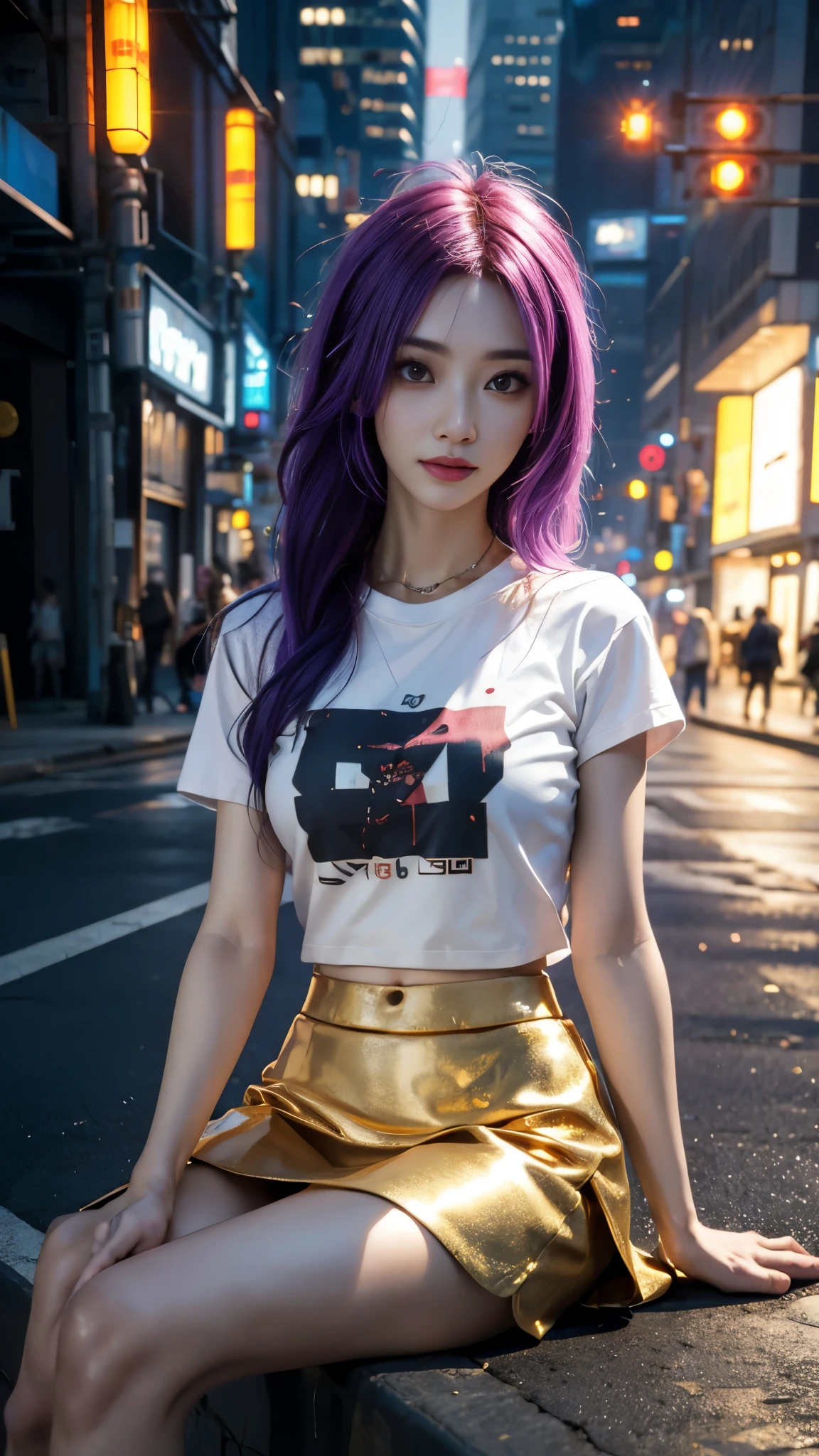 8k, UHD, masterpiece, 1 girl, ((good face)), very long hair, light makeup, (white skin:1.2), detailed eyes, small bust, simple cyberpunk clothing, ((golden t-shirt)), ((mini skirt)), (cyberpunk lighting:1.4), (building roadside), light effect, light reflection, ((spreading lights)), cyberpunk, cybercity, futuristic, (night), ray tracing, bloom, perfect pose, sitting,