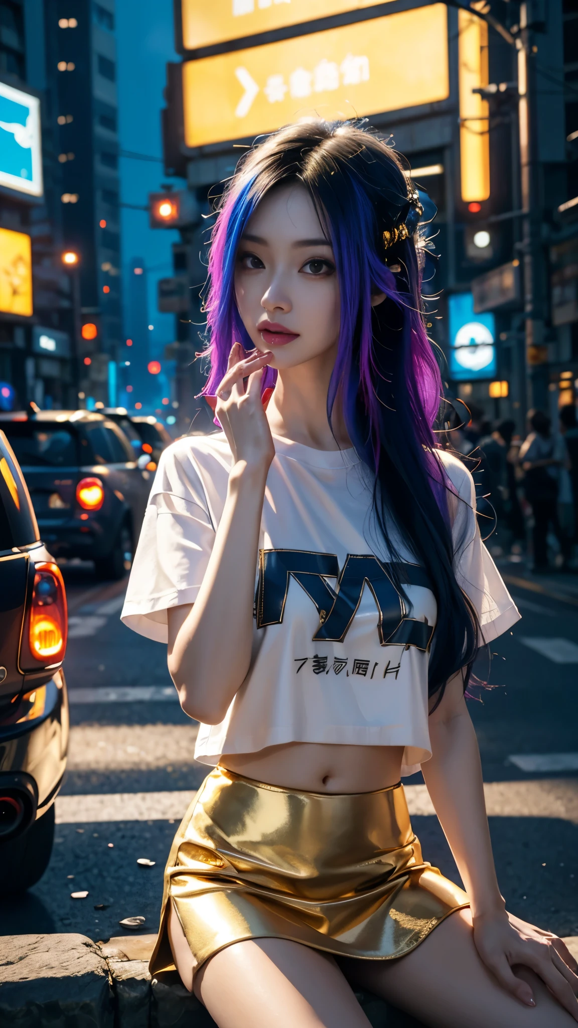 8k, UHD, masterpiece, 1 girl, ((good face)), very long hair, light makeup, (white skin:1.2), detailed eyes, small bust, simple cyberpunk clothing, ((golden t-shirt)), ((mini skirt)), (cyberpunk lighting:1.4), (building roadside), light effect, light reflection, ((spreading lights)), cyberpunk, cybercity, futuristic, (night), ray tracing, bloom, perfect pose, sitting,
