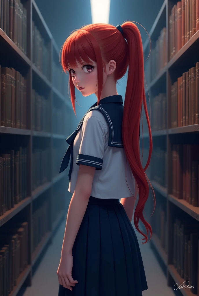 realism, thai school uniform, girl, ponytail, red hair, background night libary