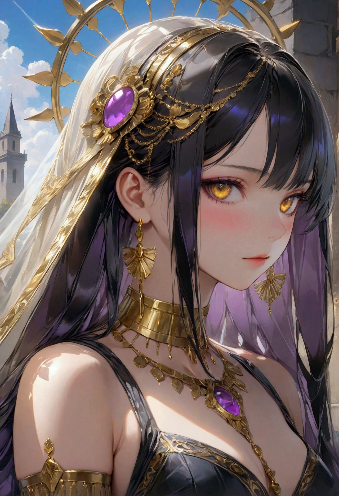 Long smooth straight black hair, inner colored dark-purple hair, golden eyes,slave, masterpiece, super detail, best quality, 8k,semi-realistic