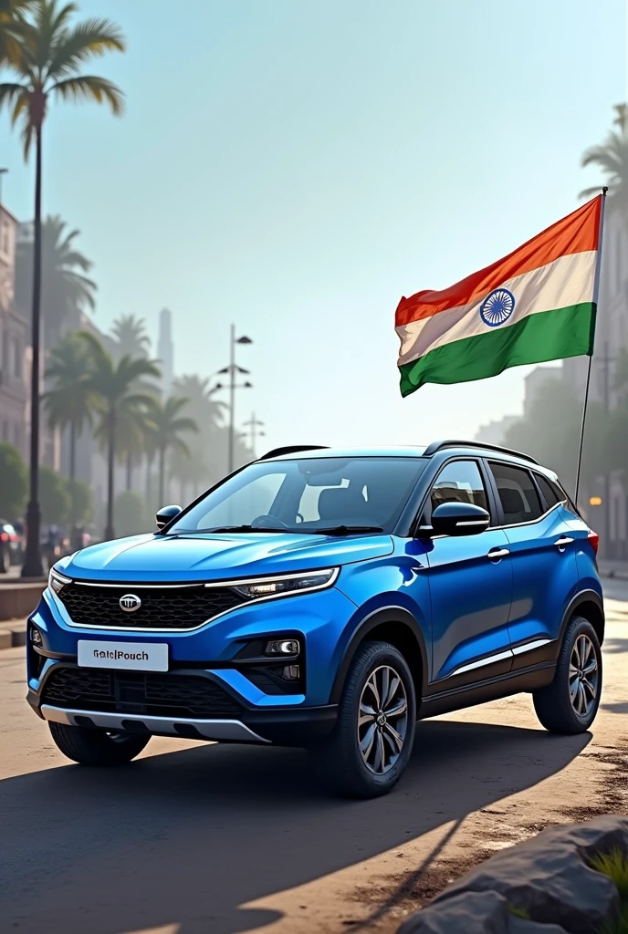 Tata punch car with blue colour with indian flag