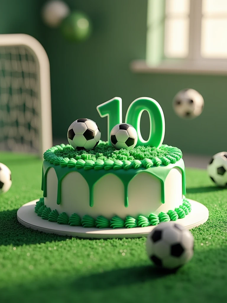 birthday cake in green and white colors with the word 110 written on it on a table decorated with a soccer theme