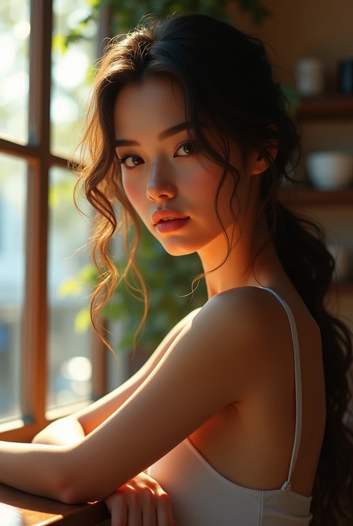 A beautiful woman leaning on the coffee shop counter, standing near a large window where the light is soft, Diffused sunlight enters, creating a point of natural light on it. The light emphasizes her facial features, casting subtle shadows that highlight the shape of your body. The interaction of light and shadow adds depth to the scene, with her detailed eyes and lips popping against the warm, interior of a cozy cafe.
