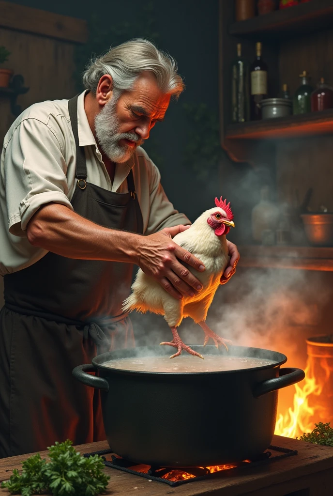 A cook placing a live chicken in a pot of hot water