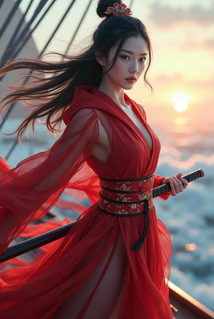 (masterpiece, best quality, beauty, best ratio, best shadows,best Illustration)
uhd,china female kungfu, korean beauty like tae yon, dancing, full face and posture fully visible, shining red eyes, windblown hair, wear white chong sam and traditional cottonkungfu shoe ,red hoody,hand holding red chinese leaf fan and long sword,on the bow of the ship.bright sky and cloud seen on far away. use the RenderMan renderer.digital art. High definition, high contrast,high color saturation,128k,cinematic lighting, intricate,cinematic advertising photograph,cinema lens,high res.
Samsung Wallpaper size 1080×2400 pixels