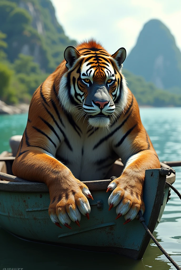 A tiger with a gorilla head, lying on a fishing boat near the islands