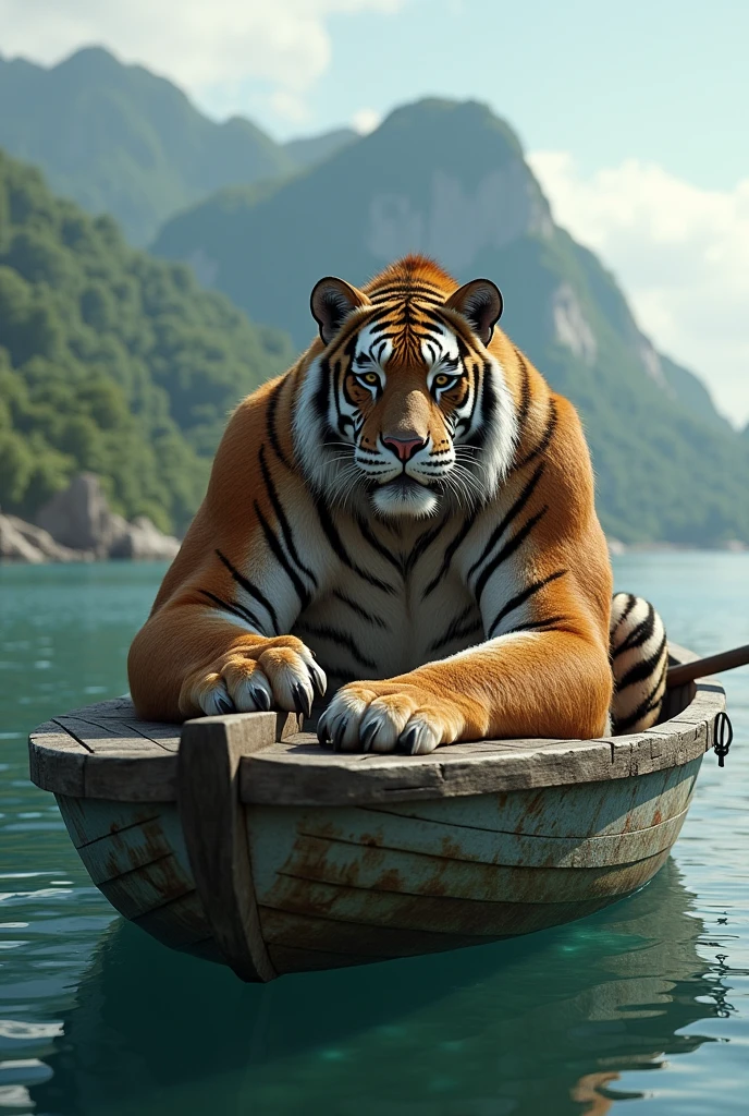 A tiger with a gorilla head, lying on a fishing boat near the islands