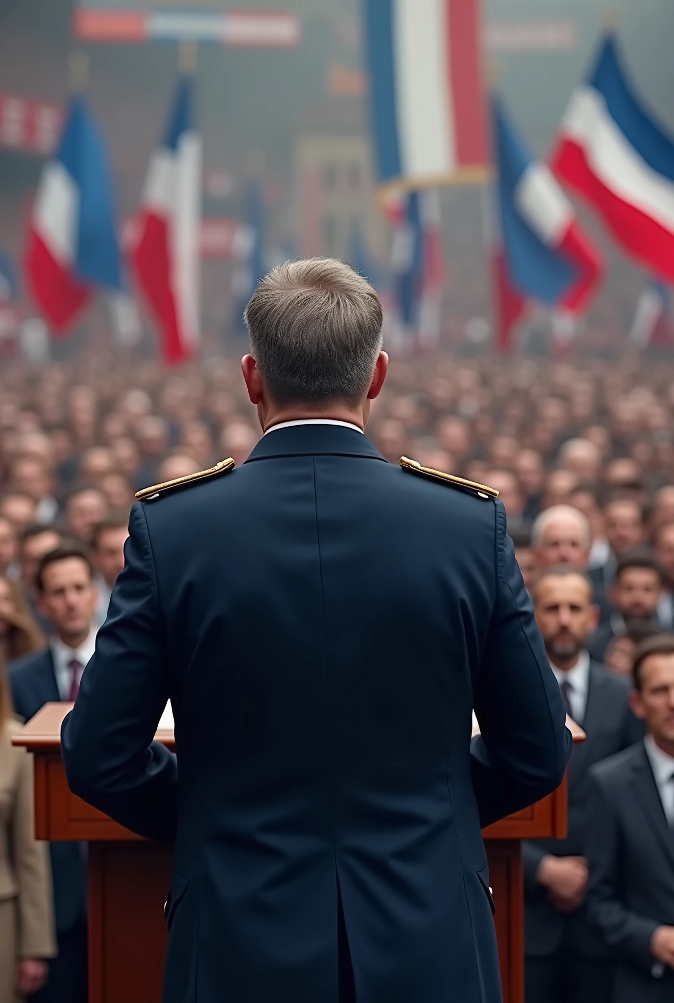 i need a realistic photo of an European Country leader wearing military dark blue uniform, The leader speaks at the rally.