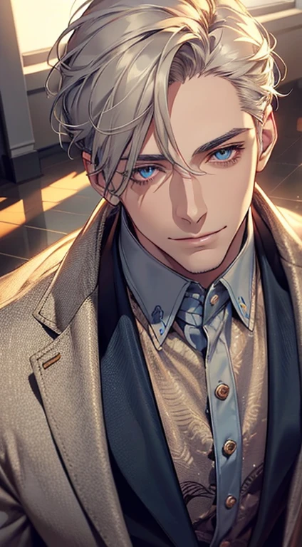 a mature man, very handsome, short grey golden hair, blue eyes, perfect detailed facial features, buttoning his jacket, CEO, smile in love, (best quality, masterpiece, 8K, photorealistic, cinematic lighting, 1:4 hdr image, top view, ultra detailed, beautiful image)