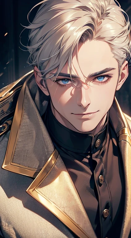 a mature man, very handsome, short grey golden hair, blue eyes, perfect detailed facial features, buttoning his jacket, CEO, smile in love, (best quality, masterpiece, 8K, photorealistic, cinematic lighting, 1:4 hdr image, top view, ultra detailed, beautiful image)