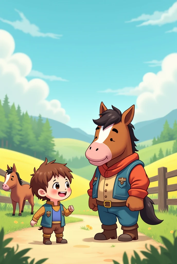 Hans meets a swineherd and trades his horse for a pig.
Chibi comic for kids anime style horse on background more chibi version