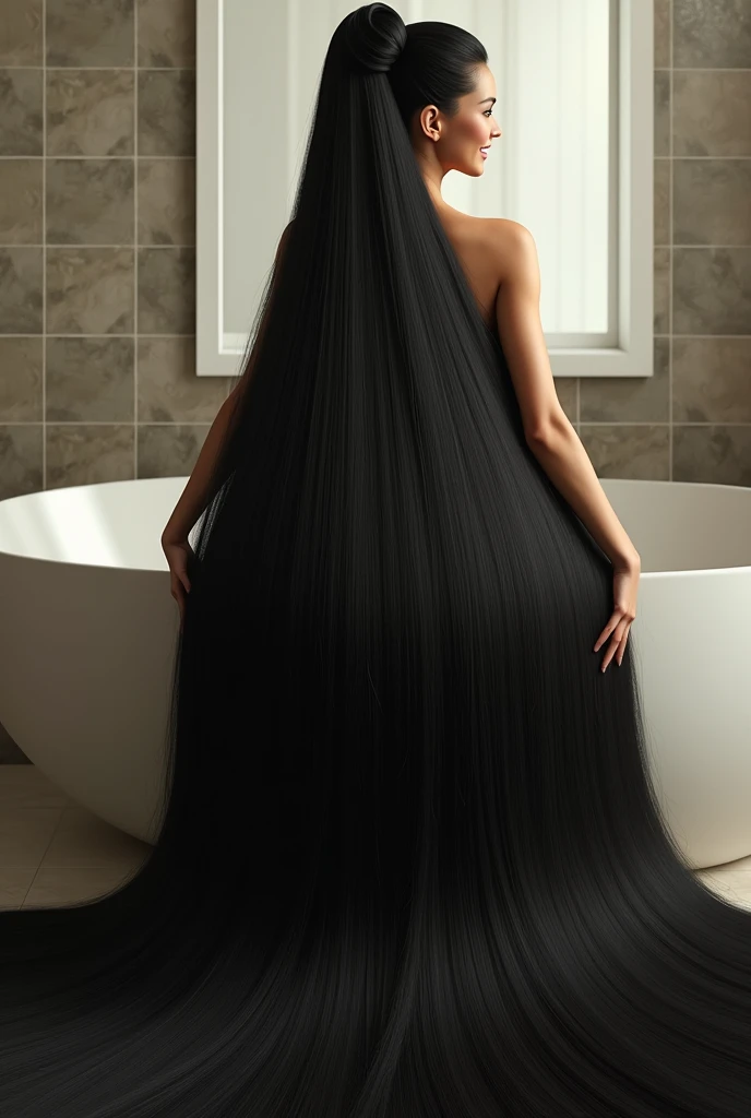 Beautiful Asian woman,((full body shot from hair to feet)), with a very large hair bun, the size of the bun is 6 times the size of her head, very large traditional Javanese hair bun, round bun, shiny black hair, about 8 meters long hair, very shiny hair, loose hair filling the entire bathroom, ((the floor of bathroom is full of her long hair)) , straight hair,,(( two hands holding a bun)), ,bathroom atmosphere, laughing,(pose looking back over shoulder) ,