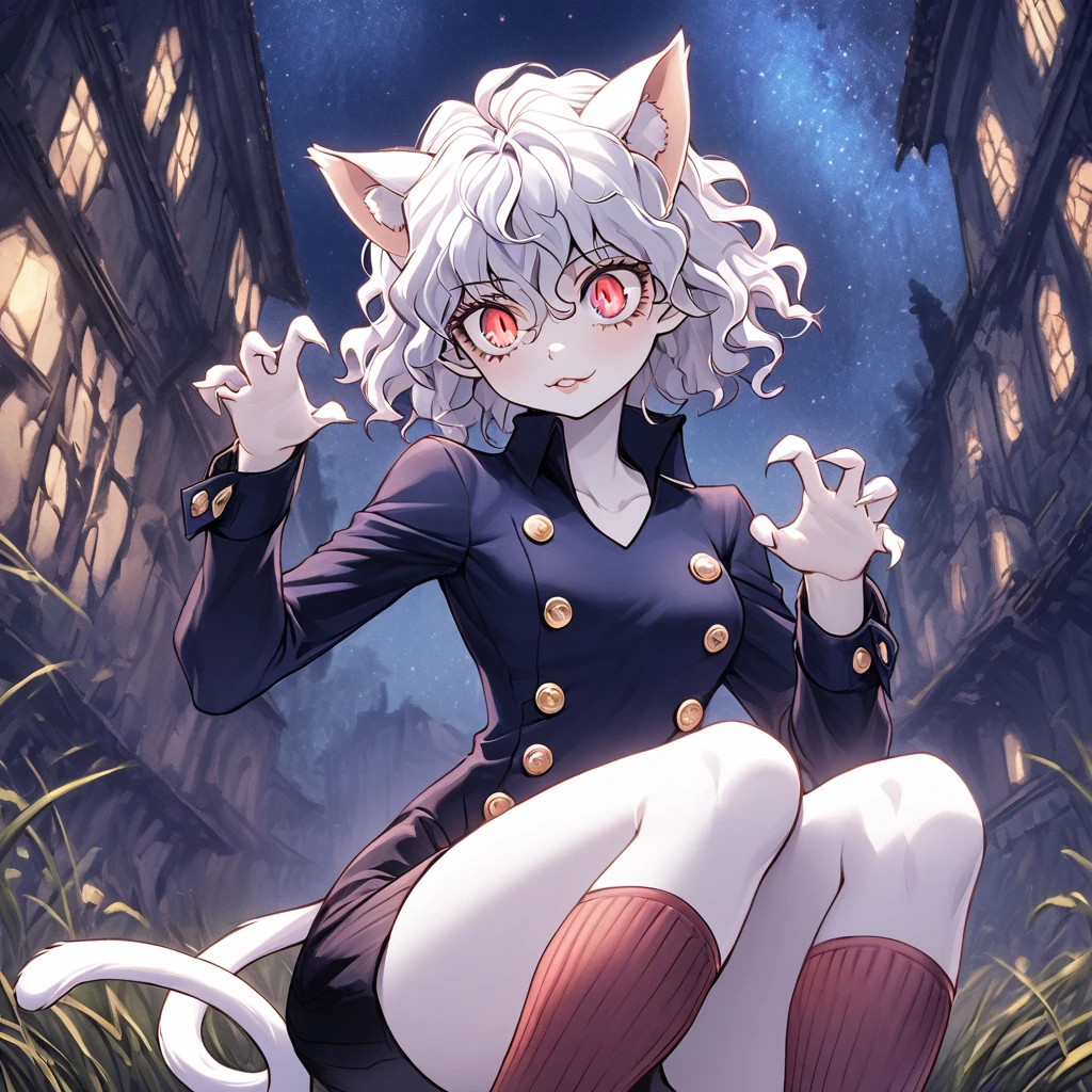 1girl, neferpitou, short hair, red eyes, animal ears, tail, white hair, cat ears, cat tail, curly hair, long sleeves, shorts, model's expressiion, silver hair, short and curly hair, cat ears, red eyes, large pupils, double eyelids, slender eyebrows, long eyelashes, small nose, small mouth, sharp jawline, blue military-style coat, six gold buttons, short red striped skirt, high collar, long sleeves, slender wrists, flexible fingers, white skin, cat-like claws, red striped knee-high socks, blue shoes, sturdy soles, slender ankles, small feet, long legs, muscular thighs, thin waist, wide shoulders, cat-like gaze, long neck, straight shoulder line, straight back, muscular arms, long fingers, firm upper arms, soft hands, small palms, cat-like smile, serious furrowed brows, pointed ears, pink inside of ears, thin eyelids, upward curled eyelashes, vertical slit pupils, cat whisker-like cheek markings, many lower eyelashes, small nostrils, thin lips, pointed chin, protruding collarbones, straight posture, high hips, muscular thighs, pointed knees, well-fitted socks, neatly tied shoelaces, soft cat ears, rounded ear tips, soft fluffy hair, thin eyebrows, light pink lips, white teeth, well-shaped lips, smooth skin, sensitive ears, reflective pupils, heavy eyelids, slightly curved cat ears, well-fitted coat, wide skirt hem, shining buttons, slightly old shoes, hair waving in wind, sparkling pupils, moving cat ears, nighttime forest background, moonlight, starry night sky, G-cup chest, cocky cat-like expression, thick glossy thighs and hips, detailed texture of hair and clothing, light and shadow contrast, background details including swaying grass and old building, specific lighting conditions with moonlight casting shadows, detailed coloration of outfit with deep blue and red stripes, intricate design of buttons, and emotional depth in expressions showing defiance, joy, and determination.