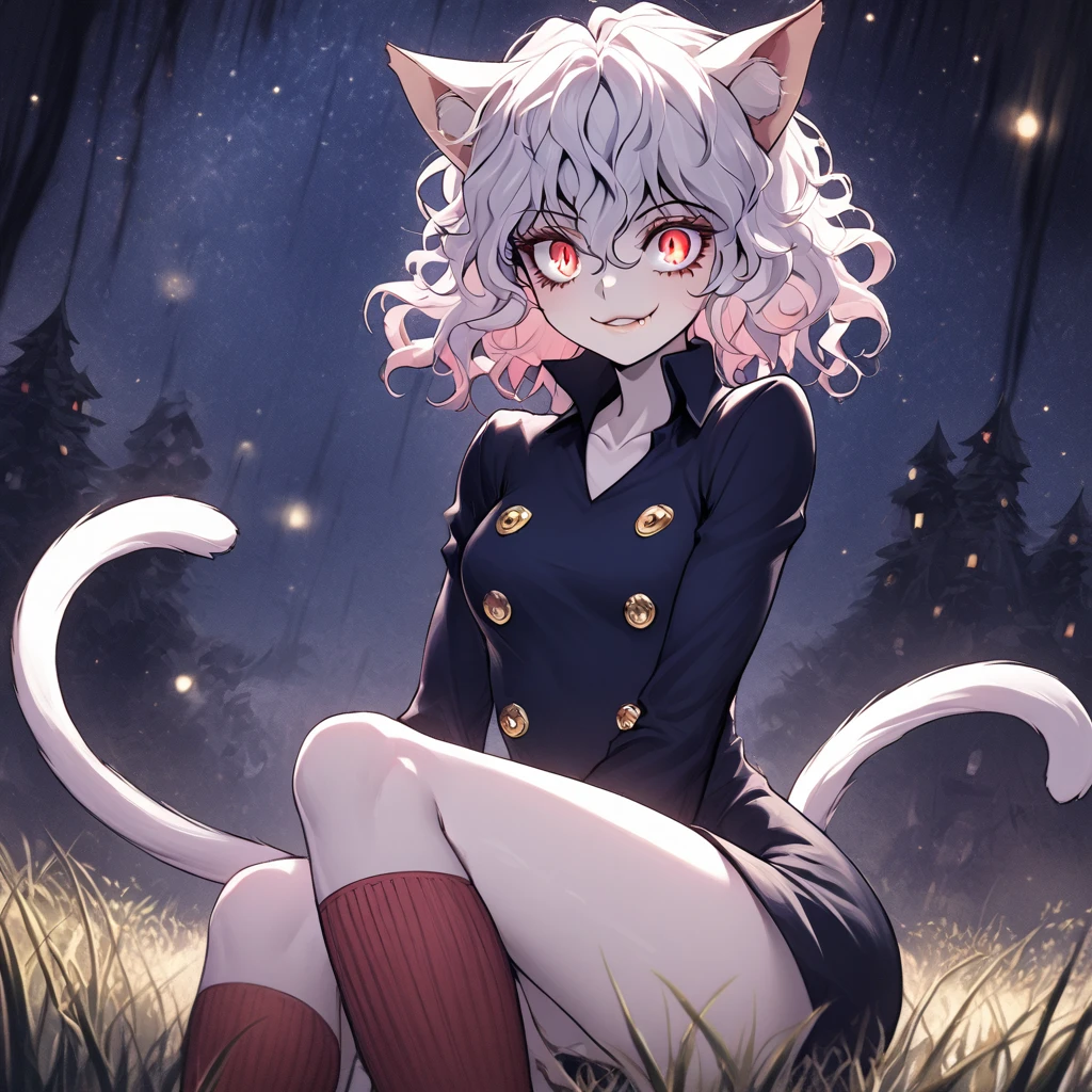 1girl, neferpitou, short hair, red eyes, animal ears, tail, white hair, cat ears, cat tail, curly hair, long sleeves, shorts, model's expressiion, silver hair, short and curly hair, cat ears, red eyes, large pupils, double eyelids, slender eyebrows, long eyelashes, small nose, small mouth, sharp jawline, blue military-style coat, six gold buttons, short red striped skirt, high collar, long sleeves, slender wrists, flexible fingers, white skin, cat-like claws, red striped knee-high socks, blue shoes, sturdy soles, slender ankles, small feet, long legs, muscular thighs, thin waist, wide shoulders, cat-like gaze, long neck, straight shoulder line, straight back, muscular arms, long fingers, firm upper arms, soft hands, small palms, cat-like smile, serious furrowed brows, pointed ears, pink inside of ears, thin eyelids, upward curled eyelashes, vertical slit pupils, cat whisker-like cheek markings, many lower eyelashes, small nostrils, thin lips, pointed chin, protruding collarbones, straight posture, high hips, muscular thighs, pointed knees, well-fitted socks, neatly tied shoelaces, soft cat ears, rounded ear tips, soft fluffy hair, thin eyebrows, light pink lips, white teeth, well-shaped lips, smooth skin, sensitive ears, reflective pupils, heavy eyelids, slightly curved cat ears, well-fitted coat, wide skirt hem, shining buttons, slightly old shoes, hair waving in wind, sparkling pupils, moving cat ears, nighttime forest background, moonlight, starry night sky, G-cup chest, cocky cat-like expression, thick glossy thighs and hips, detailed texture of hair and clothing, light and shadow contrast, background details including swaying grass and old building, specific lighting conditions with moonlight casting shadows, detailed coloration of outfit with deep blue and red stripes, intricate design of buttons, and emotional depth in expressions showing defiance, joy, and determination.