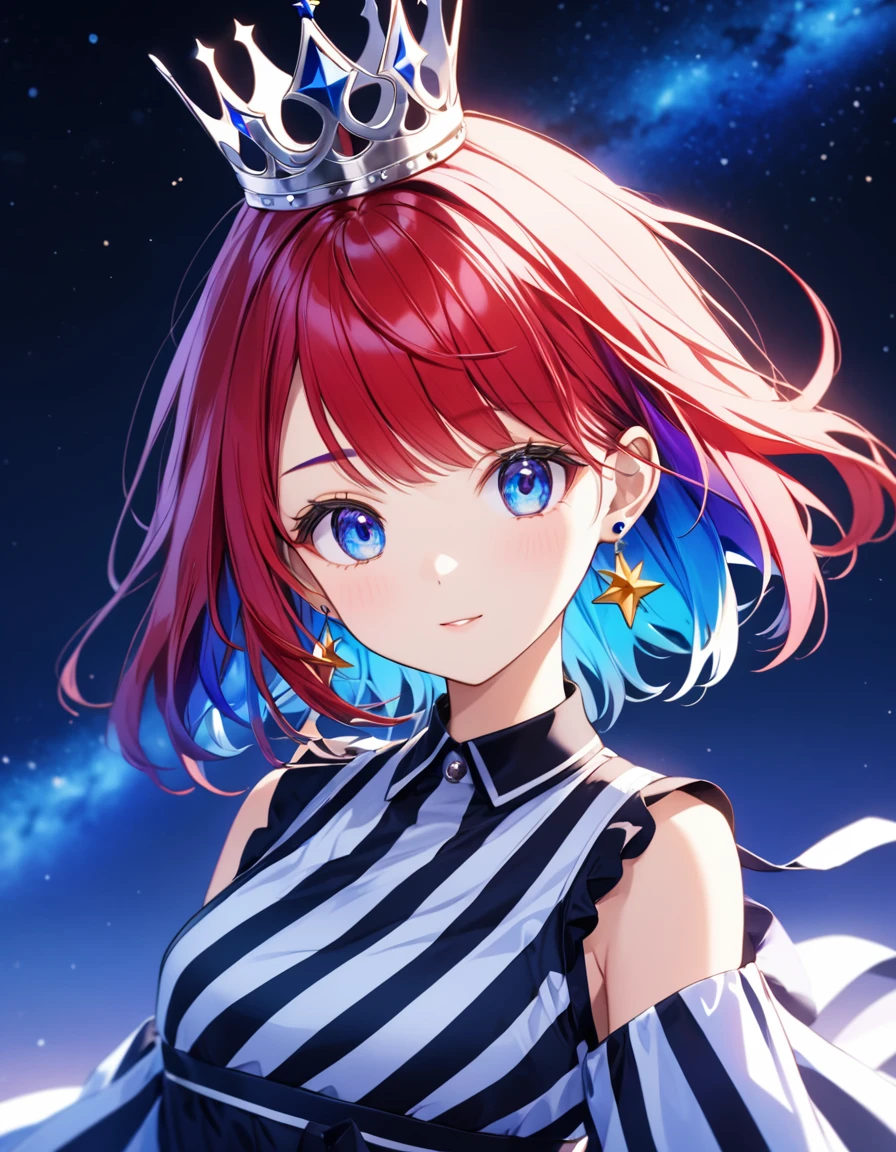 An animated image of a girl with long red hair and blue eyes. She is wearing a black and white striped dress and earrings. Her hair is a vibrant shade of purple. Her eyes are a piercing blue. Her eyebrows are a darker shade of blue. She has a silver crown on her head. The background behind her is a dark blue with stars in the sky.