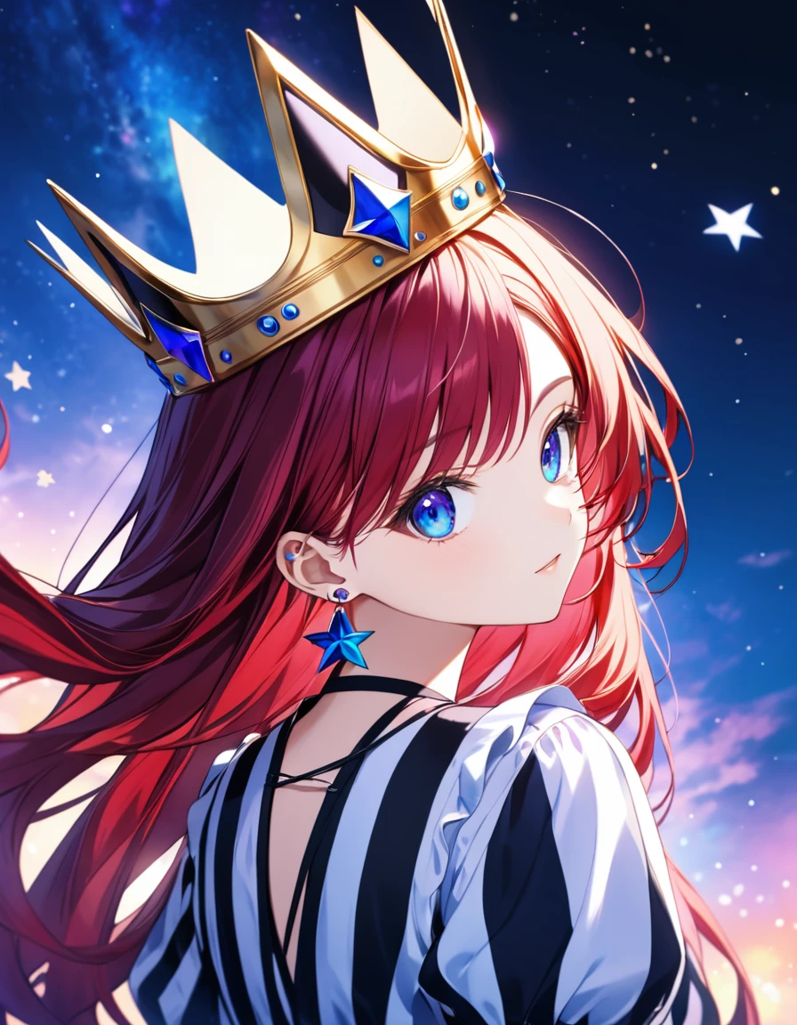 An animated image of a girl with long red hair and blue eyes. She is wearing a black and white striped dress and earrings. Her hair is a vibrant shade of purple. Her eyes are a piercing blue. Her eyebrows are a darker shade of blue. She has a silver crown on her head. The background behind her is a dark blue with stars in the sky.