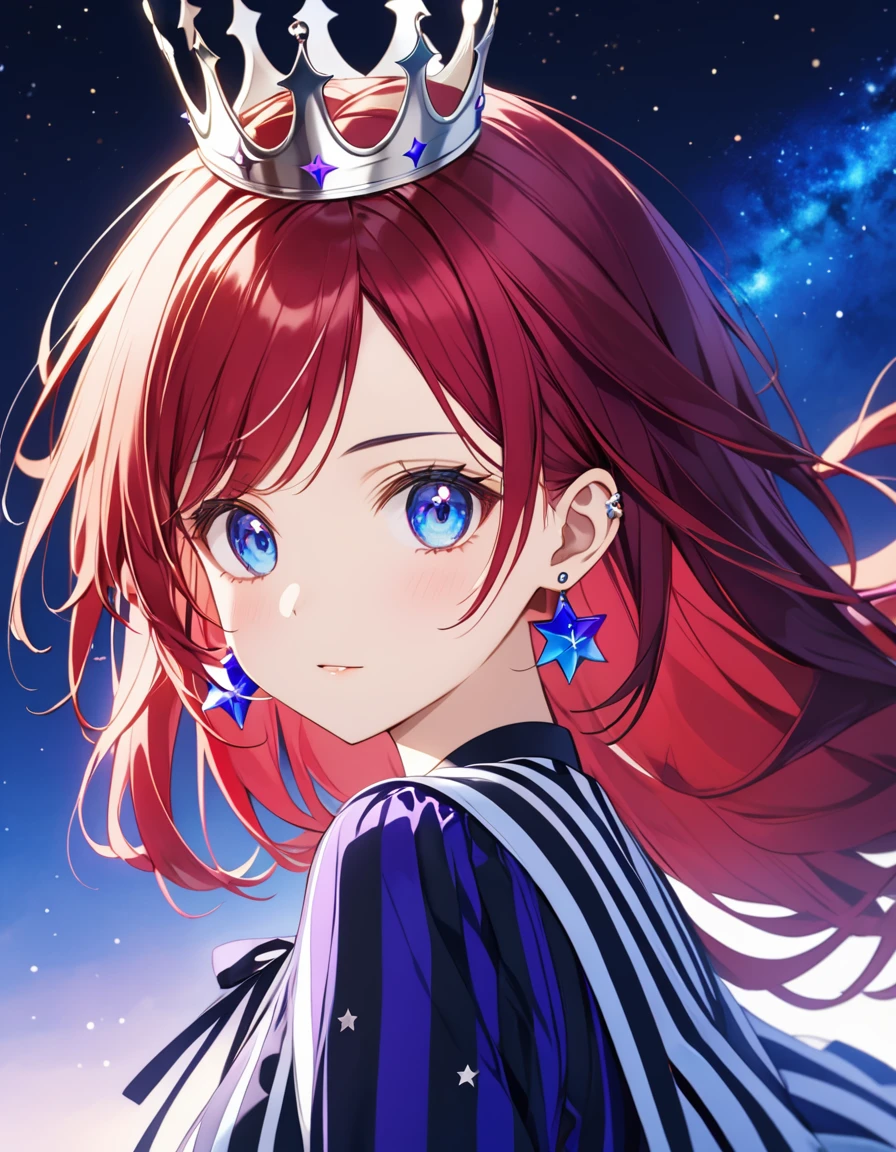 An animated image of a girl with long red hair and blue eyes. She is wearing a black and white striped dress and earrings. Her hair is a vibrant shade of purple. Her eyes are a piercing blue. Her eyebrows are a darker shade of blue. She has a silver crown on her head. The background behind her is a dark blue with stars in the sky.