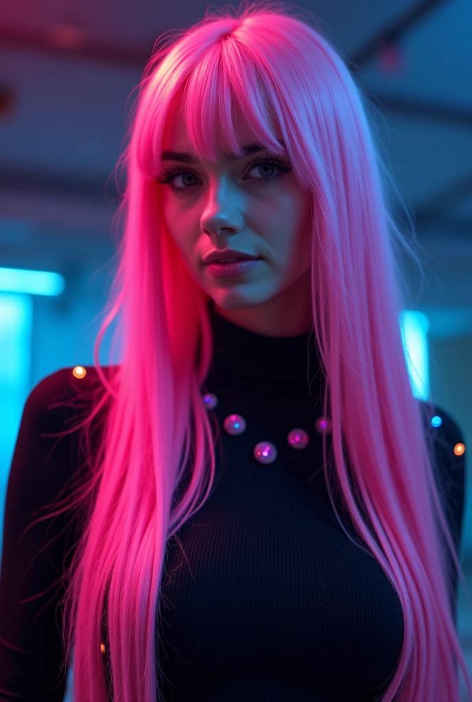 Women with long pink hair, nighttime, neon, UFO, kidnapping, Galaxy Background, neon lights, Black clothes with LED lights, 4K
