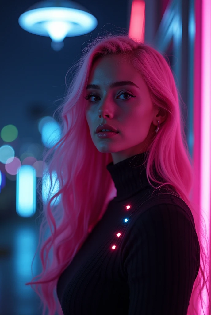 Women with long pink hair, nighttime, neon, UFO, kidnapping, Galaxy Background, neon lights, Black clothes with LED lights, 4K