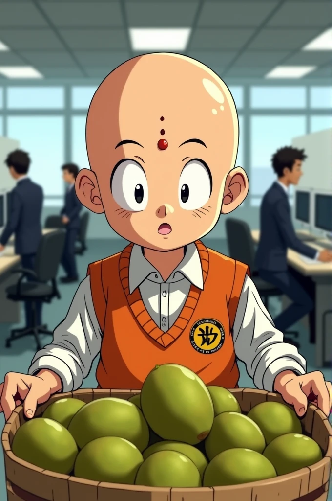 Krillin from Dragon Ball Z with his 6 points in the center of his forehead, selling kiwis in an office 