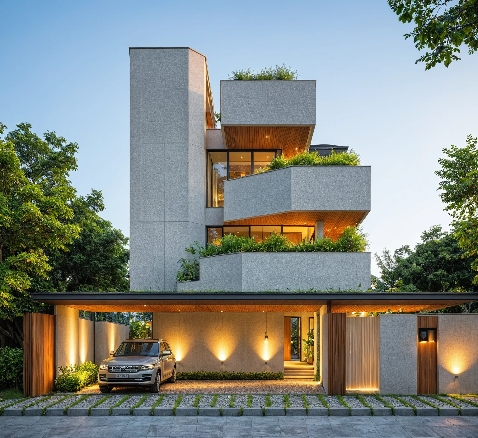 modern villa on street, (daylight), tropical tree, green shrub and plants, vivid color, streetcapes, minimalist design, brigth grey tone, large glass door, warm interior lighting, modern material, best quality, ultra realistic, masterpiece, 17ArchiAI_XL_VL-v1