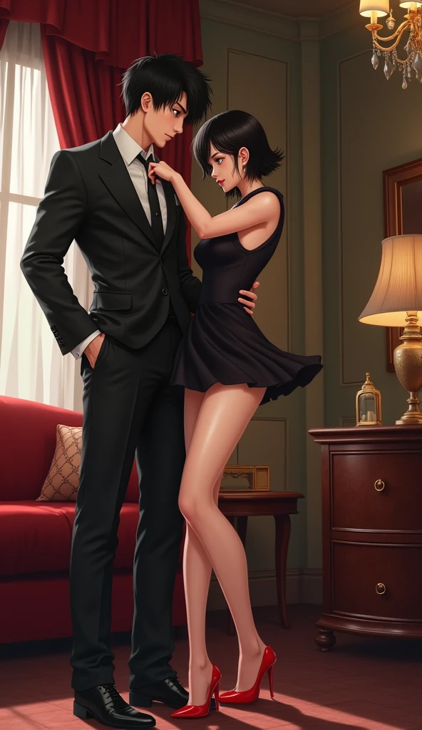 (People, Japanese, short black hair, luxury city hotel room, mini skirt, dress, wearing red heels, woman grabbing man's tie and swinging it around.
